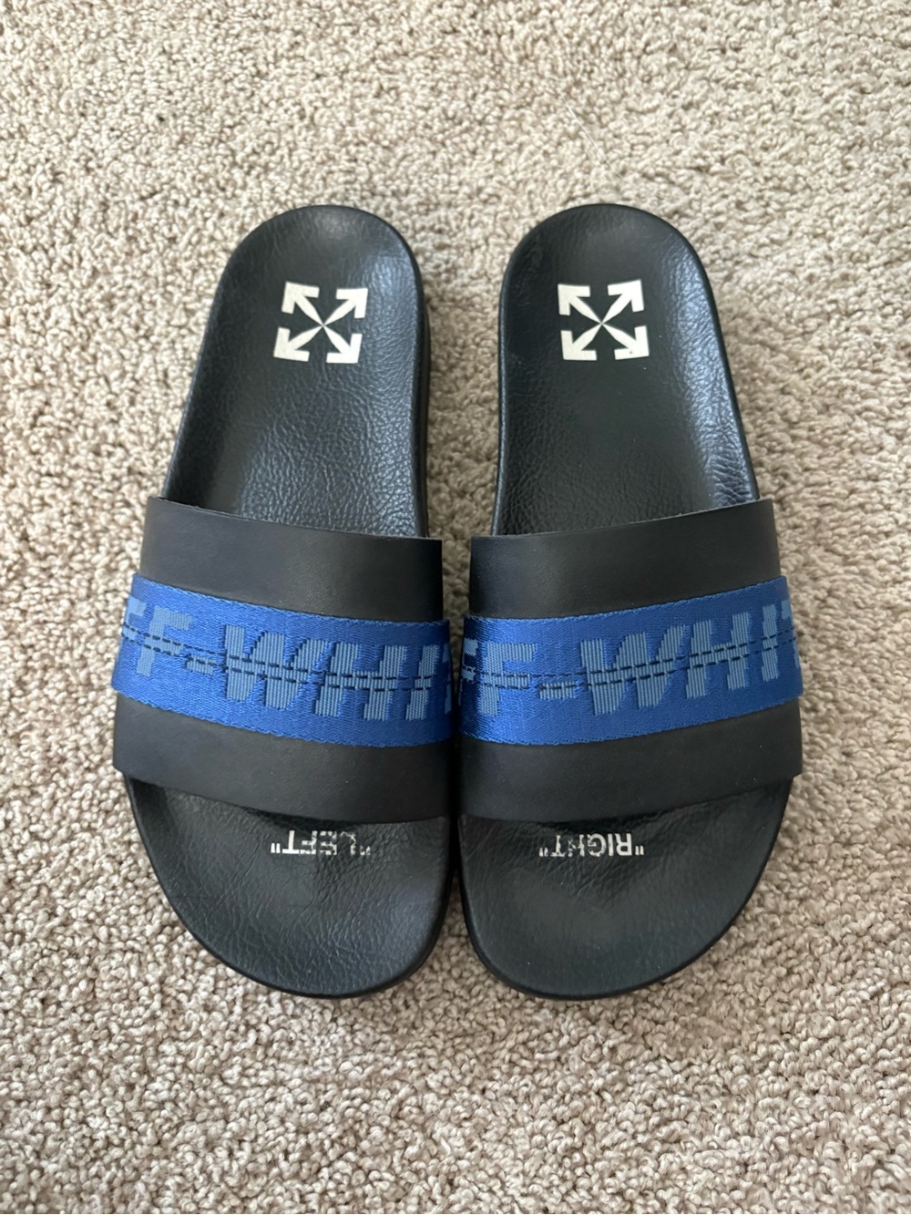 Off-White Black Slides with Blue Logo Strap
